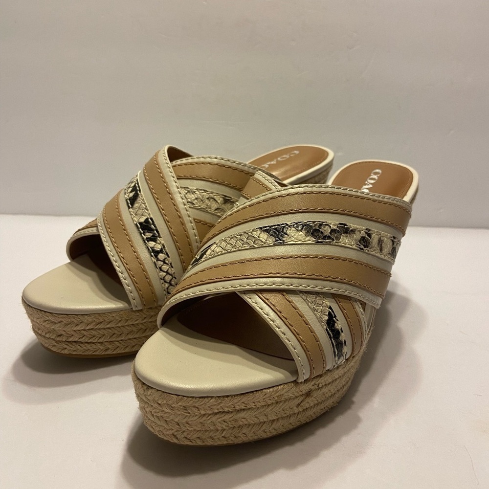 Brand New Coach Florentine Open Toe Leather Wedge Sandals Chalk Sz 10 - Picture 9 of 13